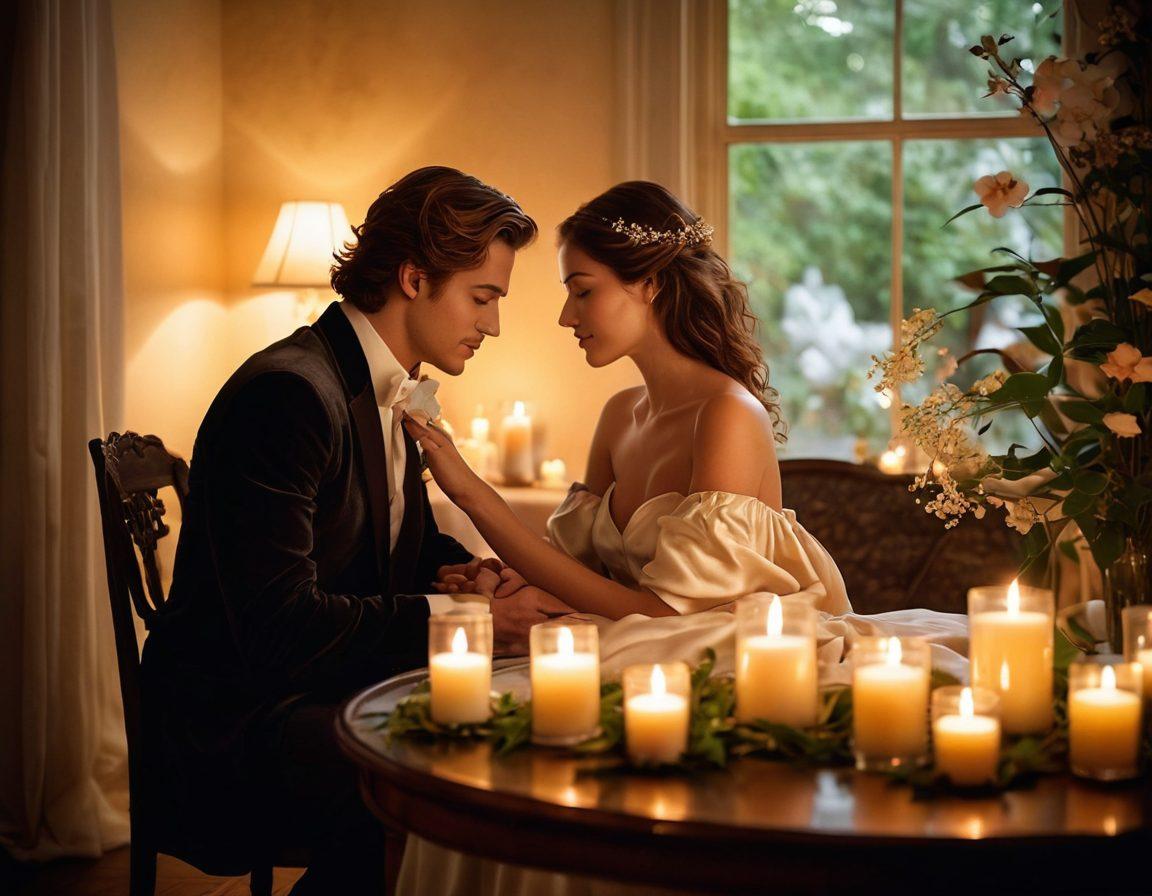 A serene and intimate setting featuring a couple seated close together, sharing whispers, surrounded by soft candlelight and rich textures like silk and velvet. Incorporate elements of nature, such as flowering plants or gentle waves in the background, to symbolize connection. The atmosphere should evoke warmth, trust, and sensuality. soft-focus photography. warm tones. romantic ambiance.